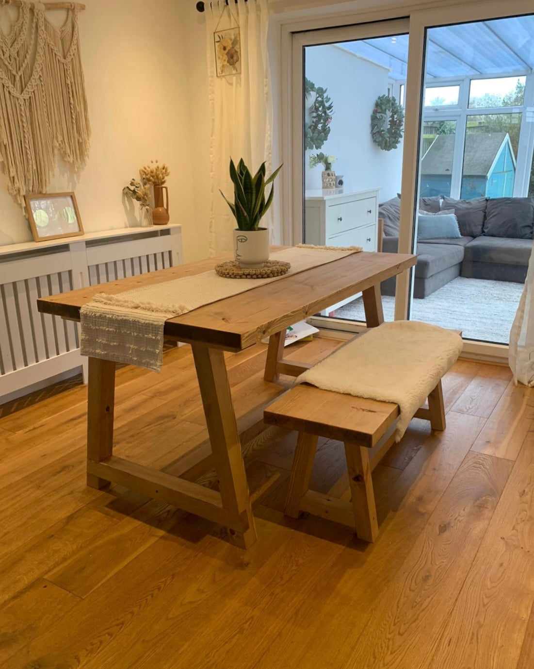 Solid Wood Trestle Dining Table and Bench Set