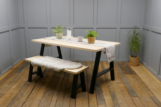 Rustic Solid Wood Industrial Dining Table Bench Set With Black A-Frame Legs