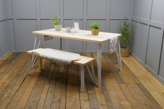 Rustic Solid Wood Industrial Dining Table Bench Set With White Box Hairpin Legs