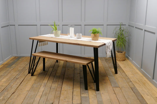 Rustic Solid Wood Industrial Dining Table Set With Black Box Hairpin Legs