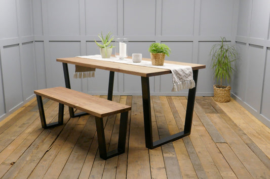 Rustic Solid Wood Industrial Dining Table Bench Set With Black V-Frame Legs