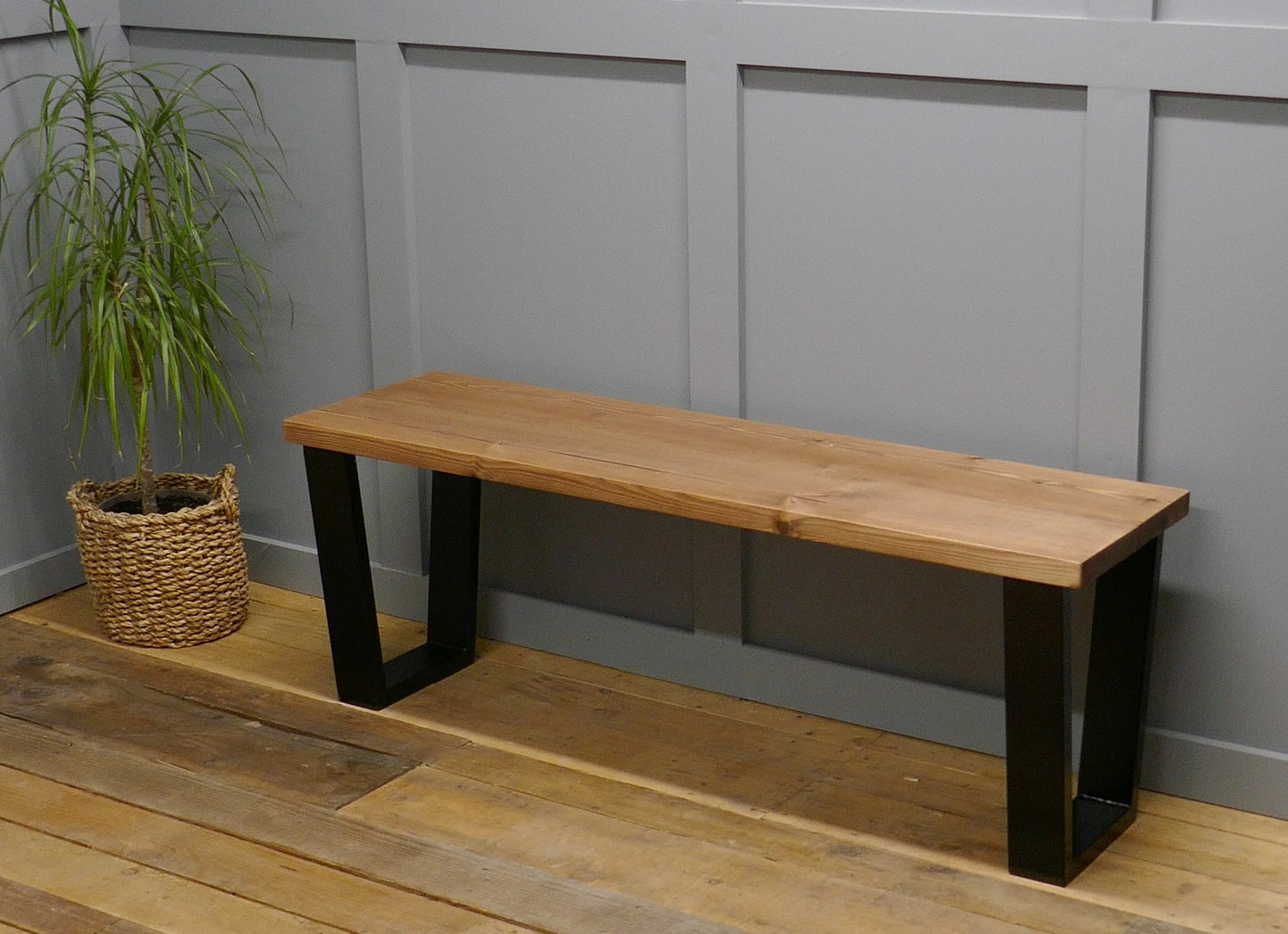 Rustic Solid Wood Industrial Dining Table Bench Set With Black V-Frame Legs