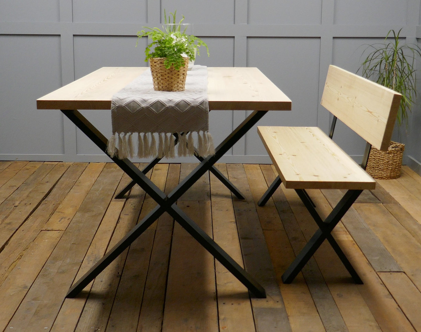 Rustic Solid Wood Industrial Dining Table Bench Set With Black X-Legs