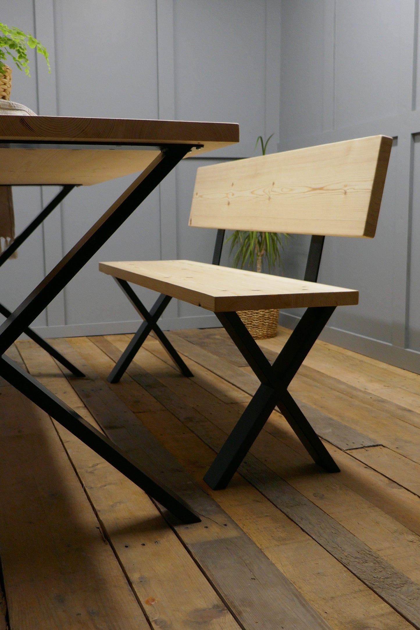 Rustic Solid Wood Industrial Dining Table Bench Set With Black X-Legs