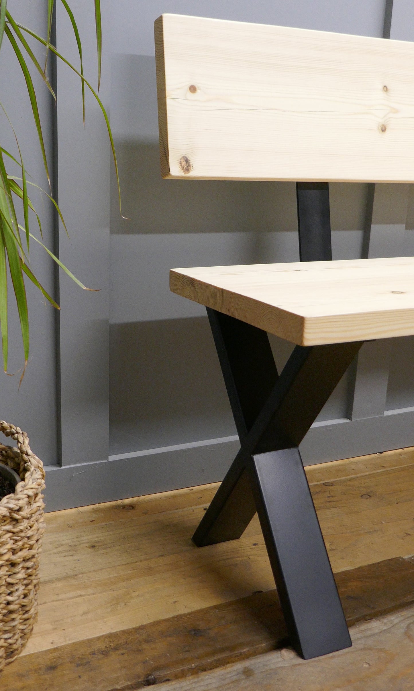 Rustic Solid Wood Industrial Dining Table Bench Set With Black X-Legs