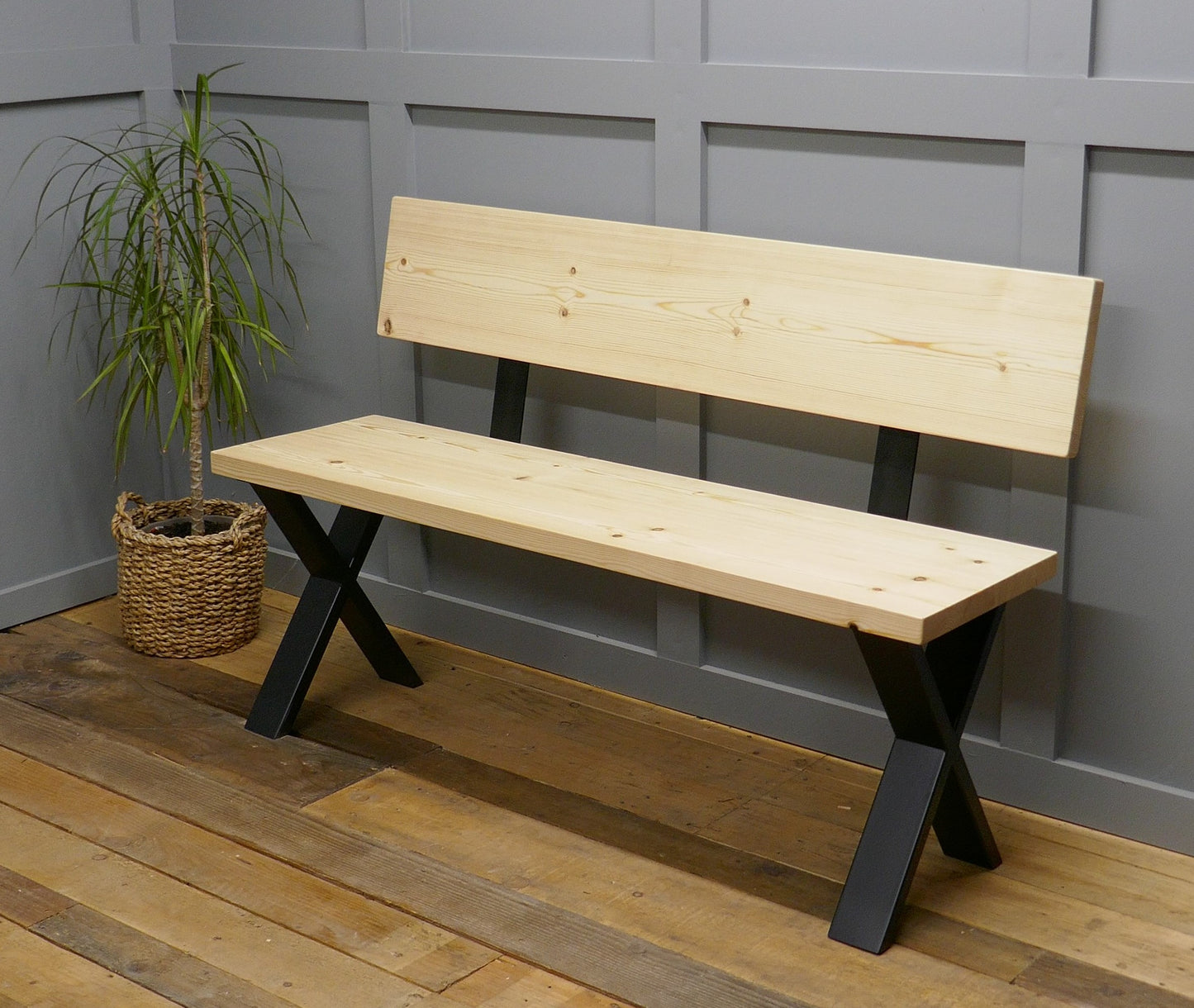 Rustic Solid Wood Industrial Dining Table Bench Set With Black X-Legs