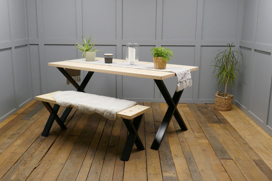 Rustic Solid Wood Industrial Dining Table Bench Set With Black X-Legs