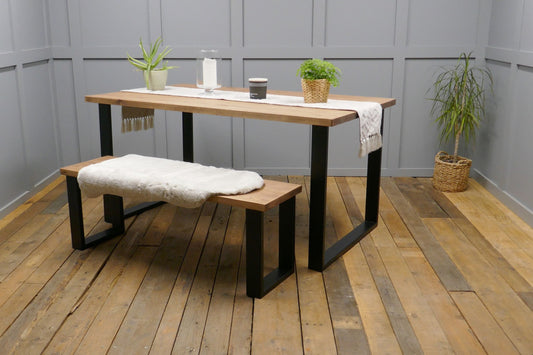 Rustic Solid Wood Industrial Dining Table Bench Set With Black Square Legs