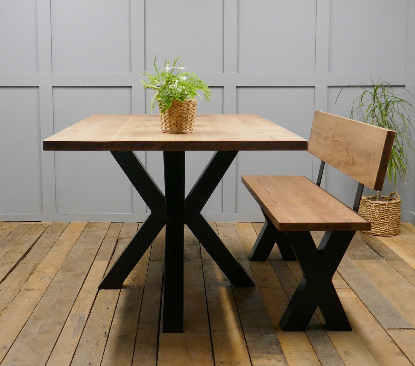 Rustic Solid Wood Industrial Dining Table Bench Set With Black Spider Legs