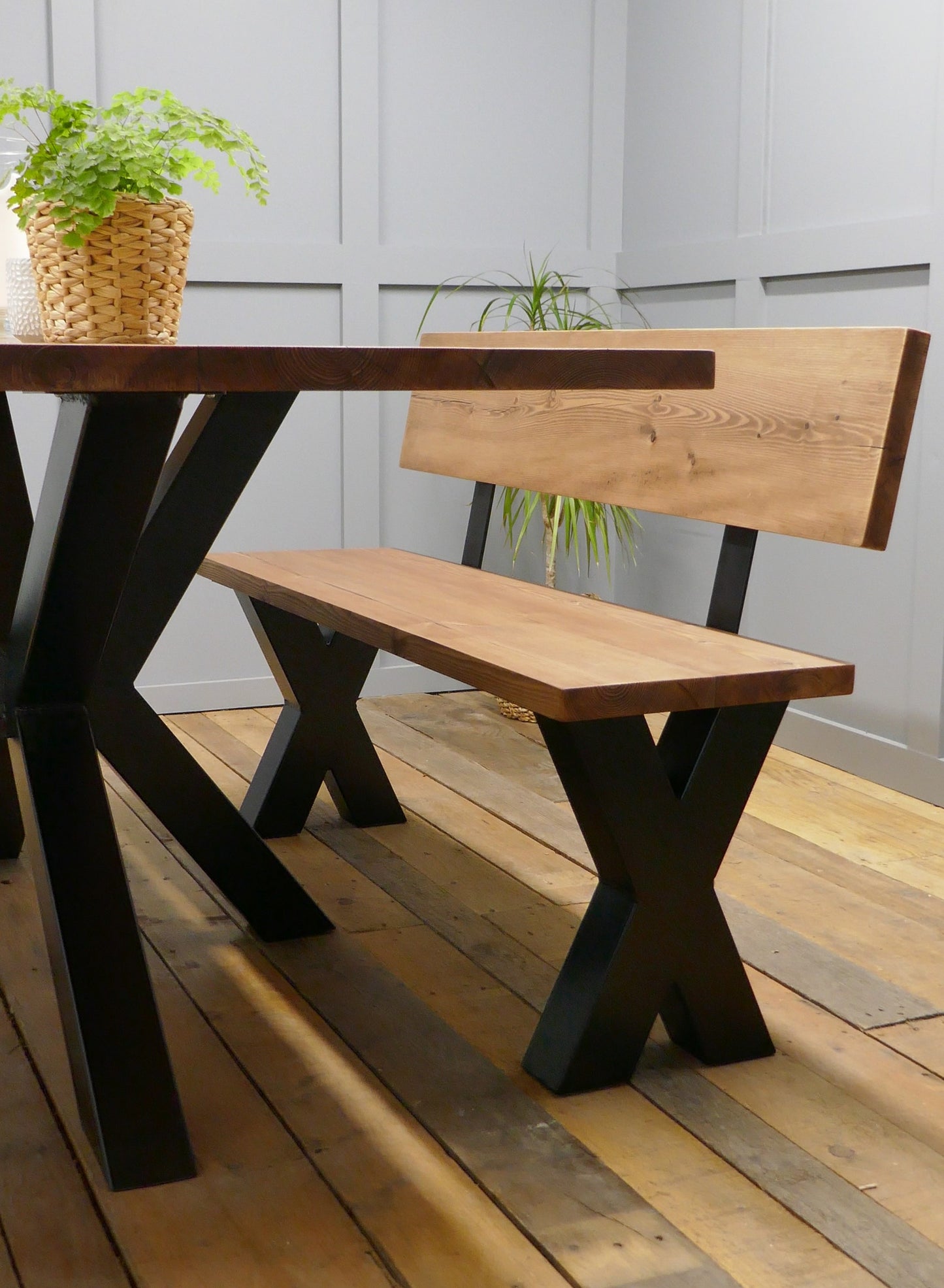 Rustic Solid Wood Industrial Dining Table Bench Set With Black Spider Legs