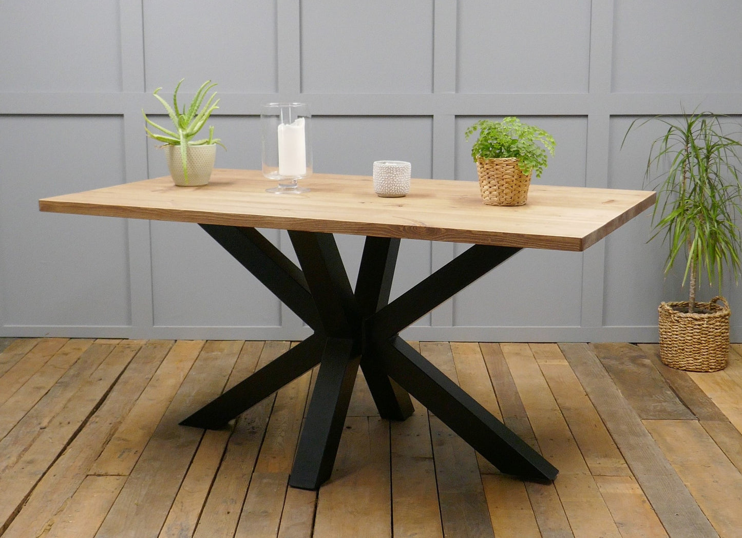 Rustic Solid Wood Industrial Dining Table Bench Set With Black Spider Legs