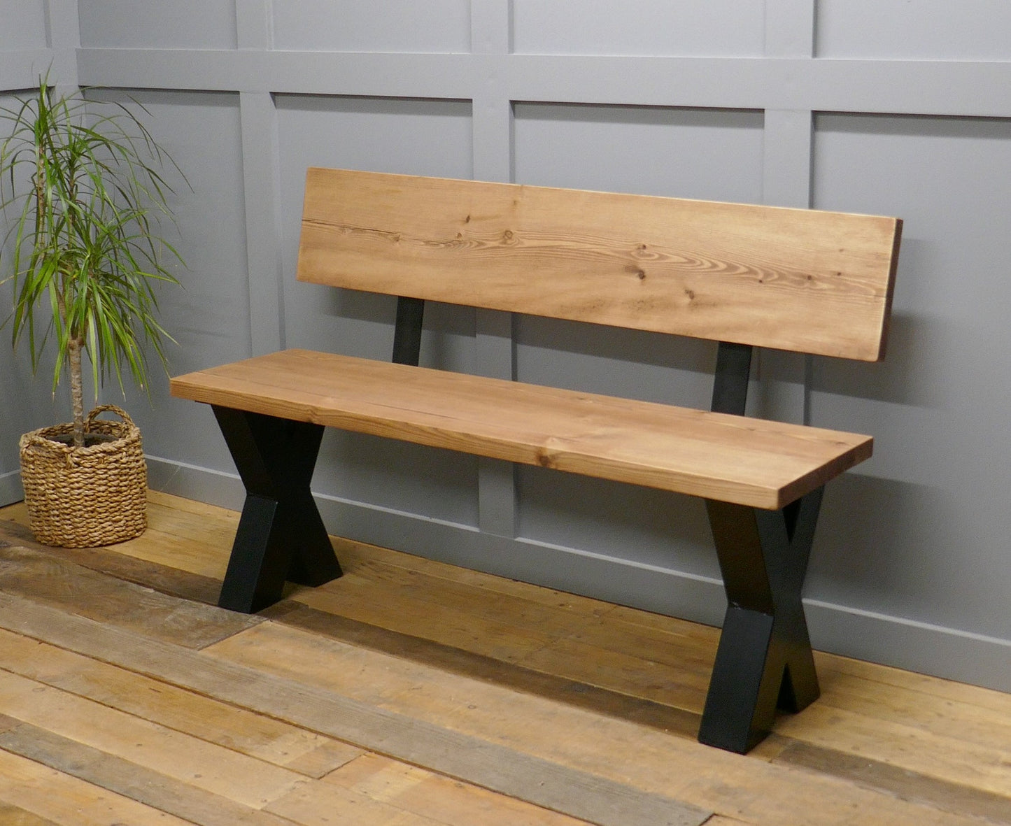 Rustic Solid Wood Industrial Dining Table Bench Set With Black Chunky X-Legs