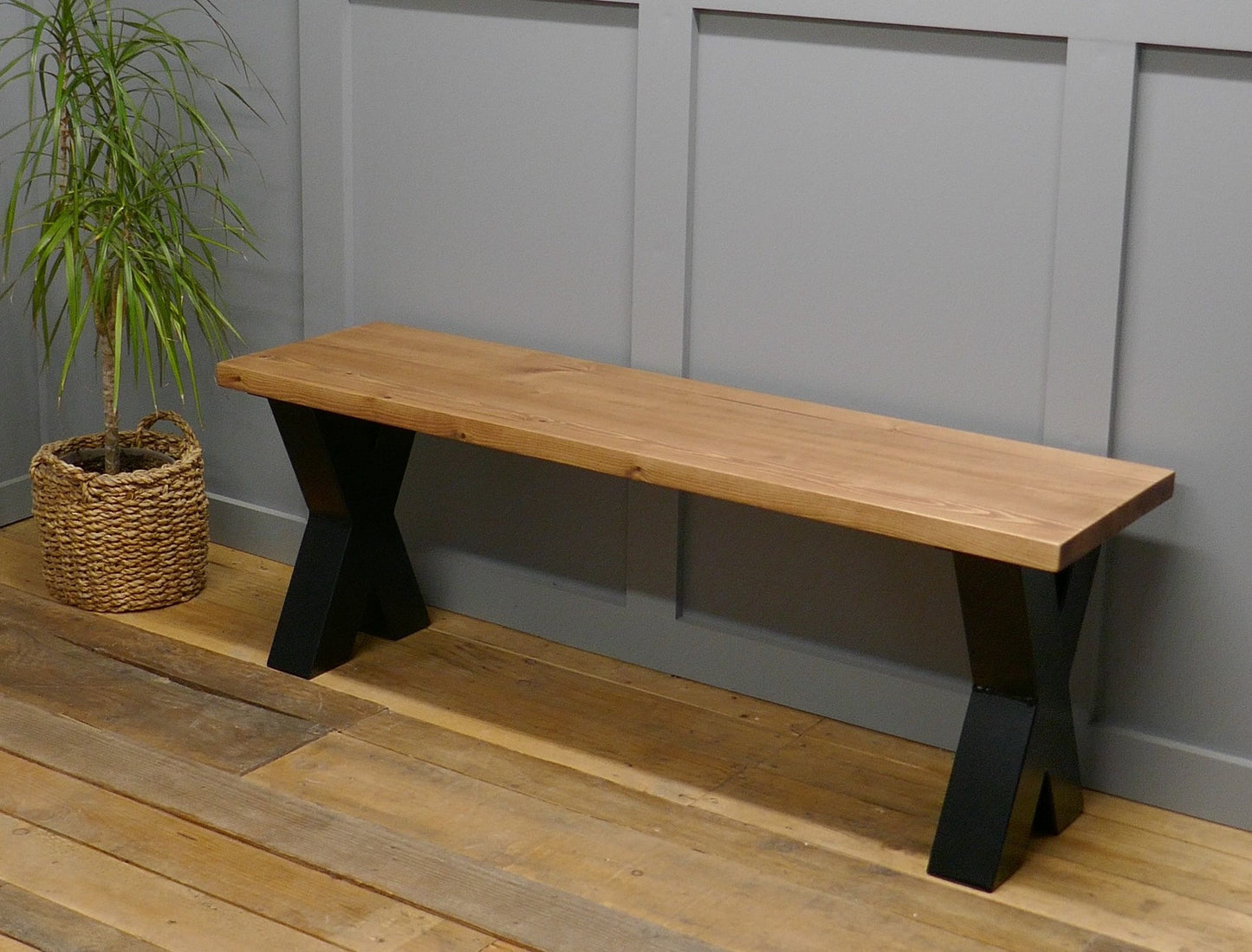 Rustic Solid Wood Industrial Dining Table Bench Set With Black Chunky X-Legs