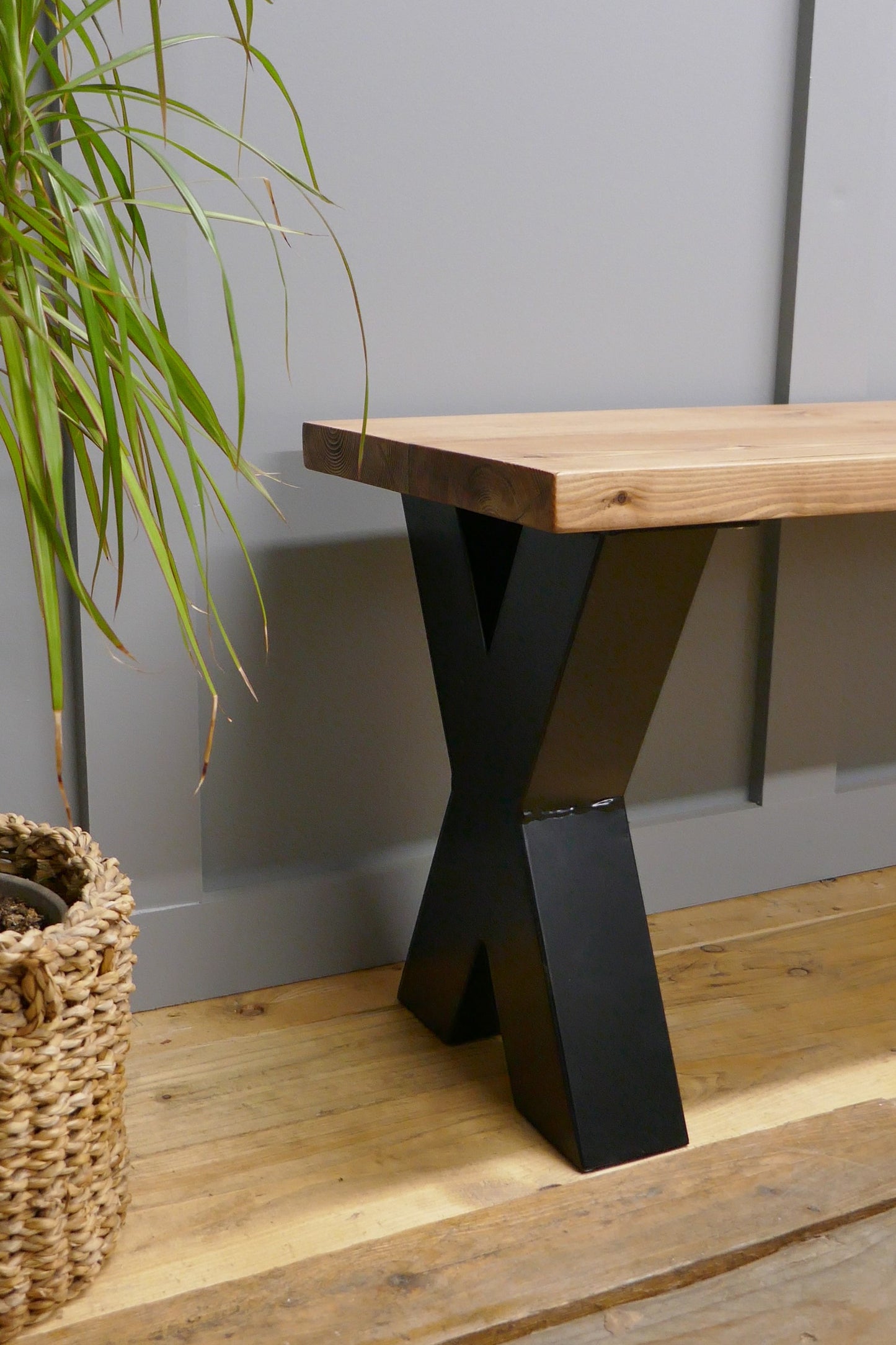 Rustic Solid Wood Industrial Dining Table Bench Set With Black Chunky X-Legs