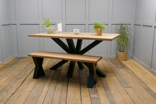 Rustic Solid Wood Industrial Dining Table Bench Set With Black Spider Legs