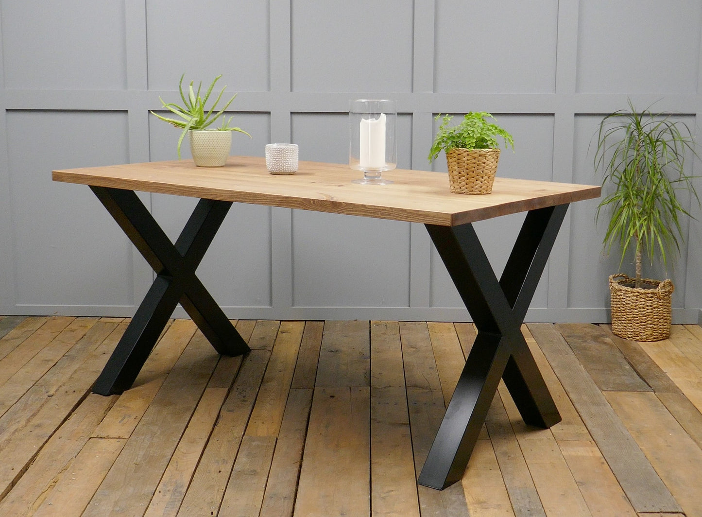 Rustic Solid Wood Industrial Dining Table Bench Set With Black Chunky X-Legs