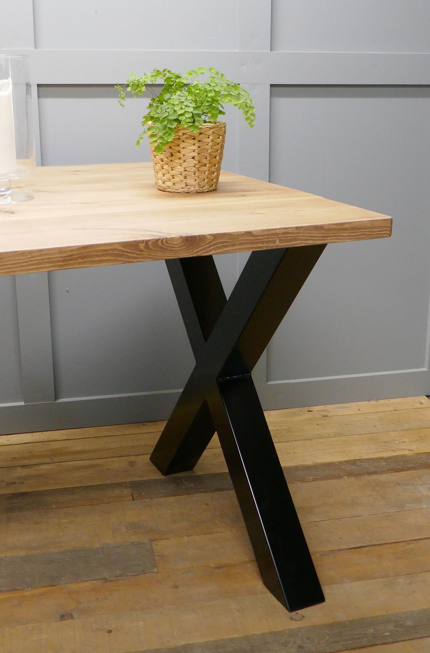 Rustic Solid Wood Industrial Dining Table Bench Set With Black Chunky X-Legs