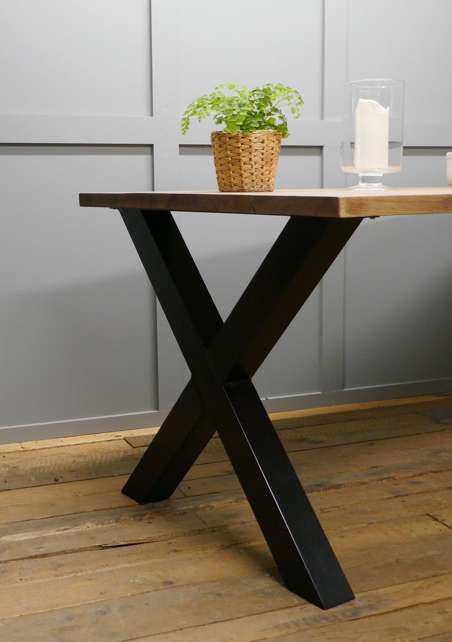 Rustic Solid Wood Industrial Dining Table Bench Set With Black Chunky X-Legs