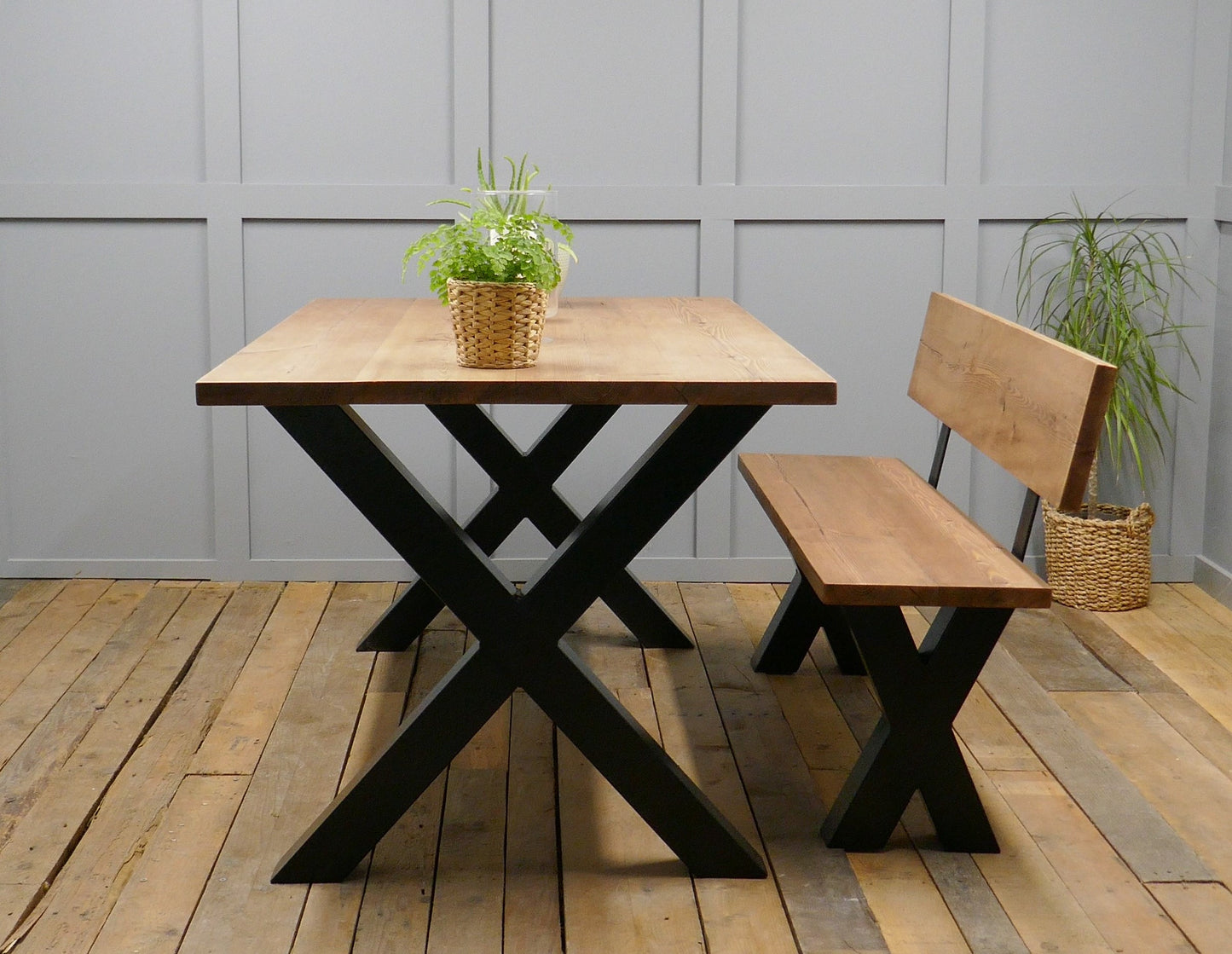 Rustic Solid Wood Industrial Dining Table Bench Set With Black Chunky X-Legs